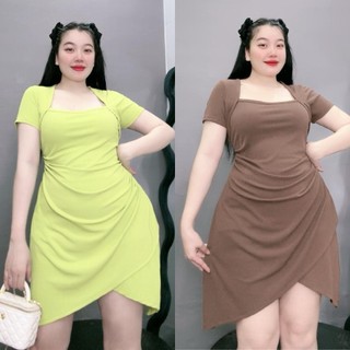 Váy thun NHỎ CLOTHING bigsize nữ tay ngắn cổ vuông dáng chữ A tà chéo tam giác chất thun tăm mềm mịn thời trang G658