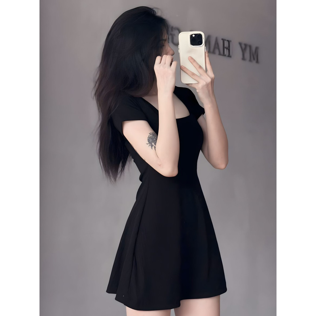 (Có size/ Có hỏa tốc ) Đầm nữ tay ngắn cổ vuông dáng xòe nhẹ chất thun gân trung mềm mịn phong cách basic - D015