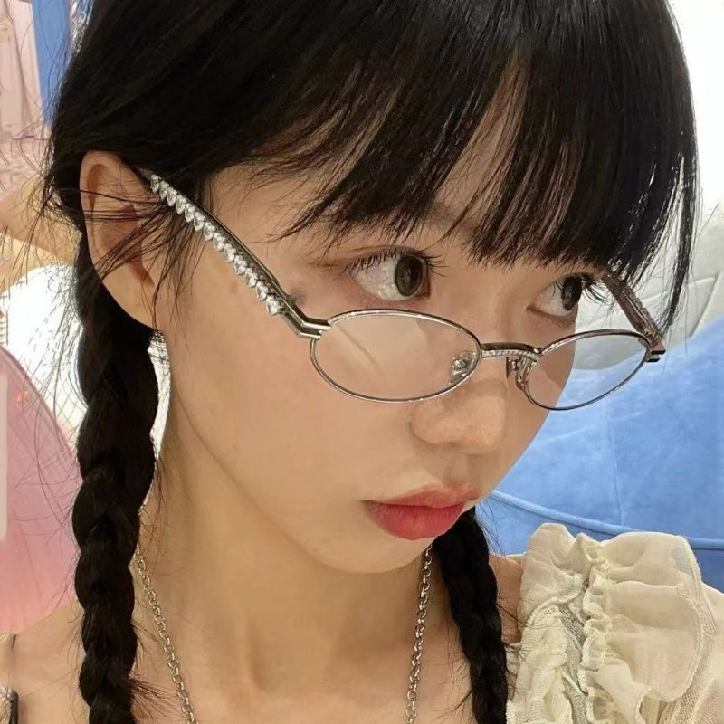 Kính hình bầu dục Heart Diamonds - Kính phẳng khung kim loại - Vintage, Y2k, Fashion - Kính mắt đọc sách - Kính mắt viền sang trọng - Kính mắt trang trí cho bé gái