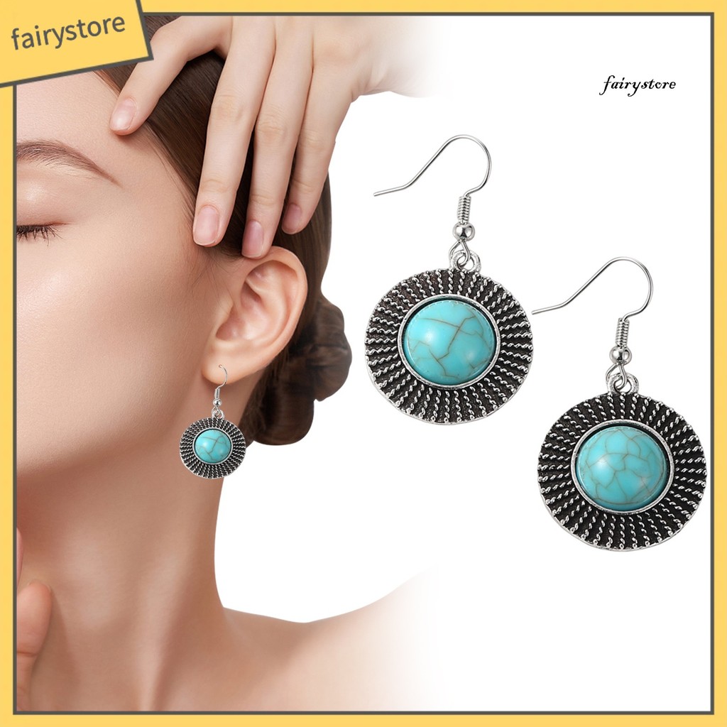 [Fys] 1 Đôi Bông Tai Móc Nữ Hình Tròn Retro Phong Cách Bohemian Giả Ngọc Hợp Kim Không Gỉ Trang Trí Tai Trang Sức Bông Tai Treo Dài Bông Tai Tòn Ten