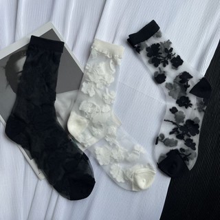 [Tất nữ oklife] Vớ pha lê trong suốt siêu mỏng hoa Jacquard Tất thủy tinh lụa đen trắng hoa giữa ống