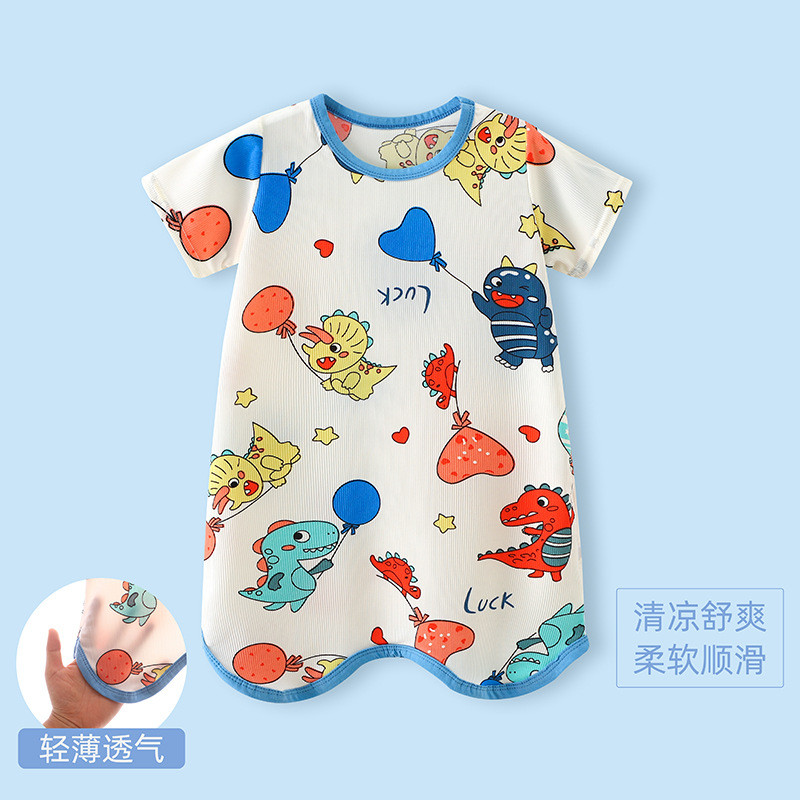 Bộ Đồ Ngủ Lụa Băng Cho Trẻ Em Mùa Hè Mỏng Tay Ngắn Một Mảnh Váy Ngủ Chống Đá Váy Ngủ Bé Trai Bé Gái Nhà Quần Áo Phiên Bản Hàn Quốc Thoáng Khí