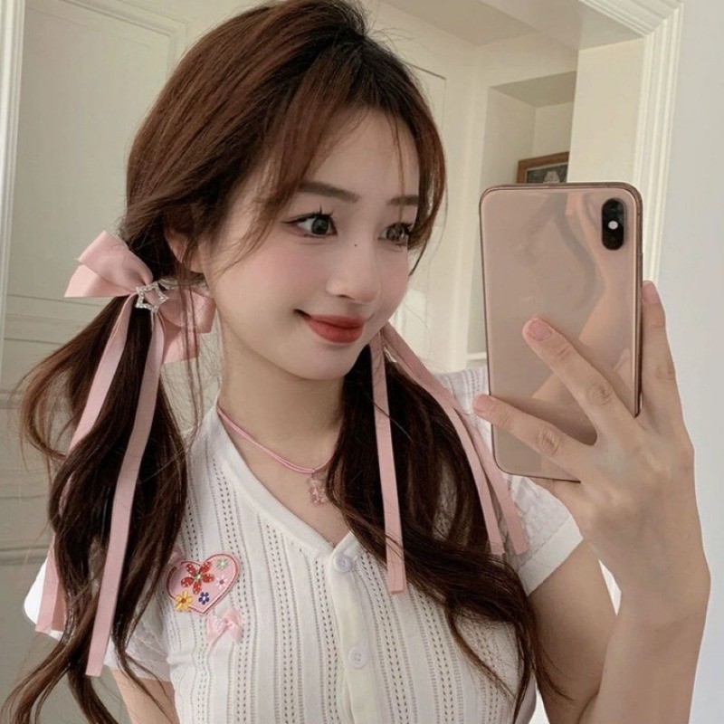 Phụ Nữ Màu Hồng Nơ Đen Ngôi Sao Ruy Băng Dài Kẹp Tóc ​- Kẹp tóc nơ Satin dễ thương ngọt ngào cho bé gái ​- Barrettes thời trang Hàn Quốc dành cho nữ ​- Phụ kiện tóc phổ biến