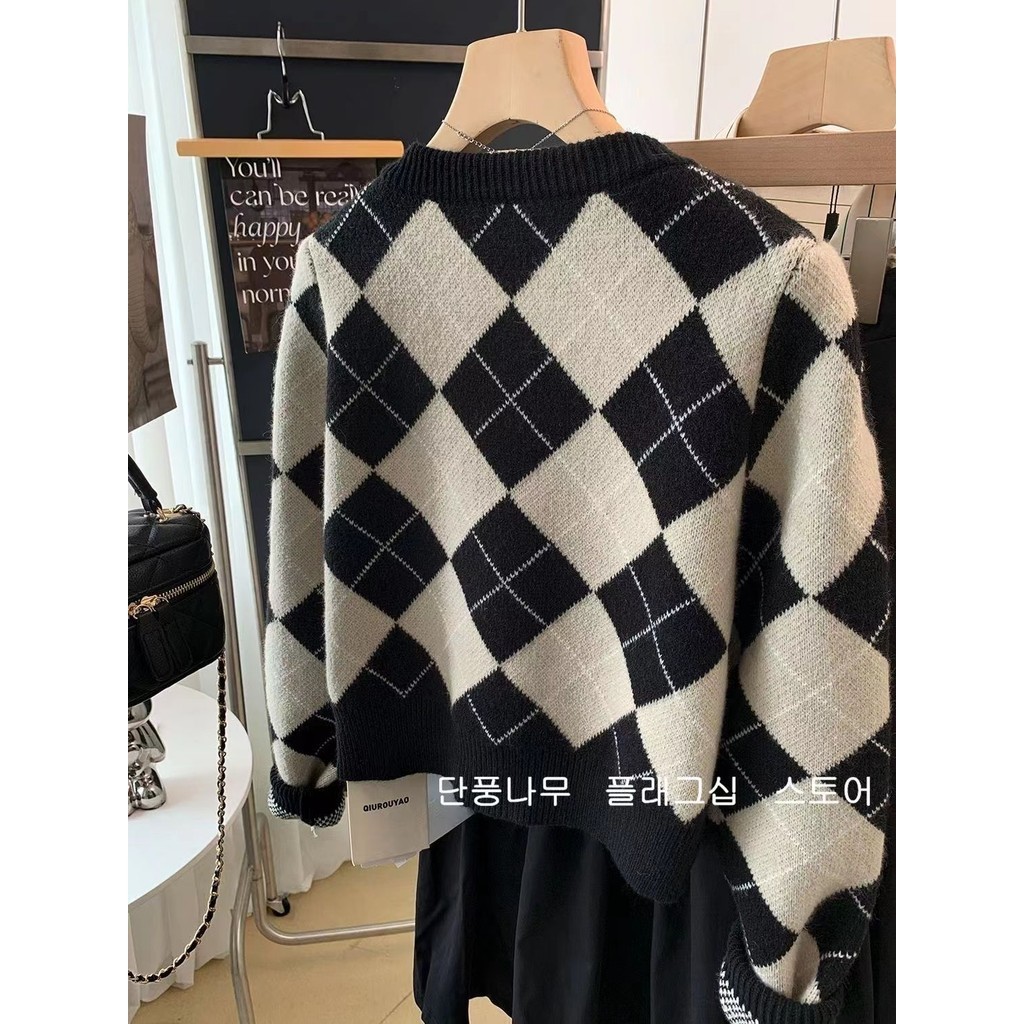 Lingge Áo Len Nữ Mới Nhẹ Nhàng Retro Đa Năng Tương Phản Áo Cardigan Dệt Kim Ngắn