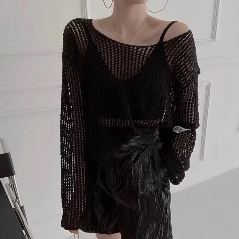 Suxi Retro Thời Trang Phong Cách Hàn Quốc Cổ Tròn Dài Tay Nữ Mỏng Rỗng Dệt Kim 240305