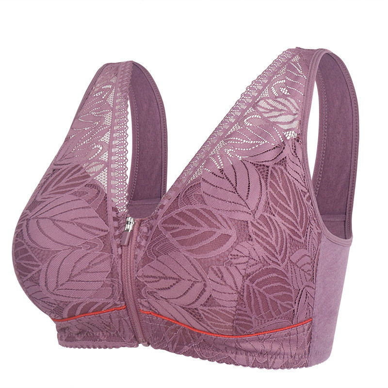Cốc cotton mềm có khóa kéo phía trước đồ lót trung niên và người già dành cho nữ không có vòng thép vest phong cách ren áo ngực quá khổ mới