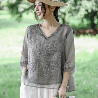 Mùa Hè 2023 Mới Cổ Chữ V Hai Lớp Máy Thêu Cotton Và Vải Lanh Áo Sơ Mi Nữ Khâu Organza Áo Sơ Mi Nhỏ Top Rời
