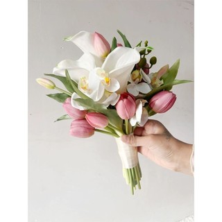 Bó hoa cưới, hoa chụp ảnh cô dâu CEVERIA Rum, lan và tulip chất liệu cao su