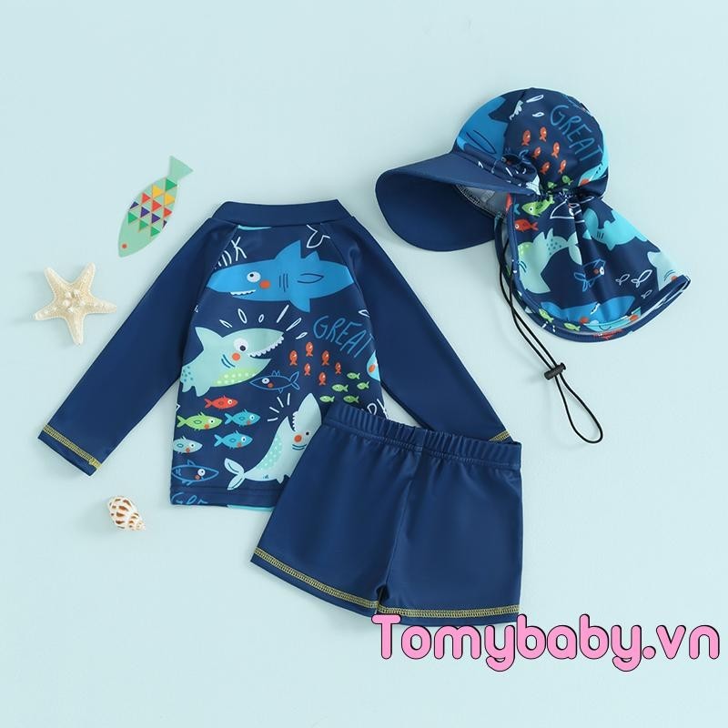 Bé Trai Rash Guard Đồ Bơi Dễ Thương In Hình Cá Dài Tay Zip Up Đồ Bơi Cho Trẻ Sơ Sinh 3 Bộ Đồ Tắm