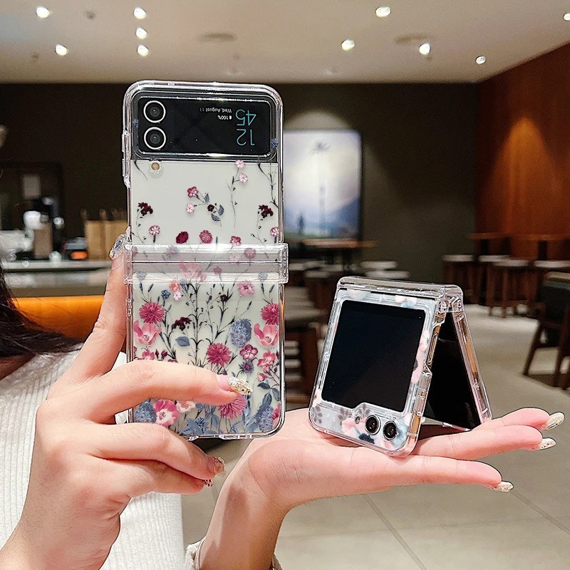 Ốp Điện Thoại Gấp Siêu Mỏng Trong Suốt Chống Sốc Cho Samsung Galaxy Z Flip 5 Flip 4 Flip 3 Ốp Lưng Full Bản Lề Hoa Trong Suốt Bìa Cứng