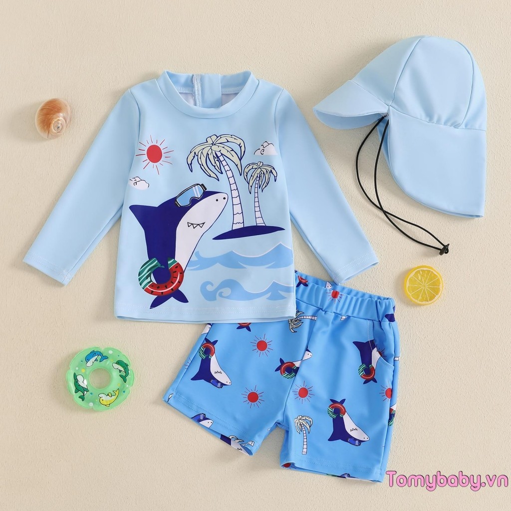 Bộ đồ bơi bé trai họa tiết chống nắng Áo cổ tròn dài tay + Quần short cá mập + Bộ mũ bơi
