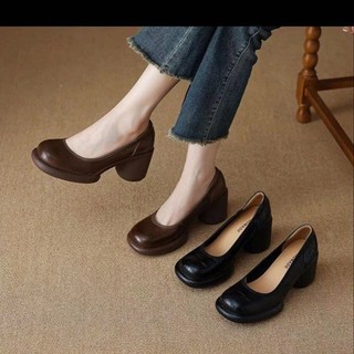 Giày cao gót mũi tròn chunky cho nữ, giày slip-on miệng nông, chống nước, đế bệt