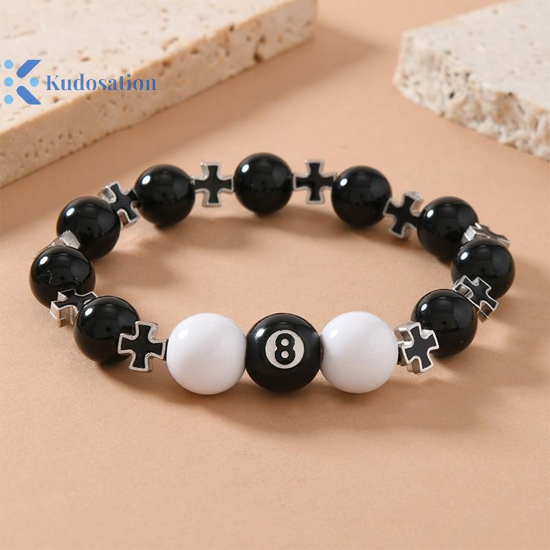 Kudosation Bida Đen 8 Hạt Vòng Tay Nam Nữ Handmade Chữ Thập May Mắn Đàn Hồi Vòng Tay Nam Hip Hop Trang Sức Phụ Kiện