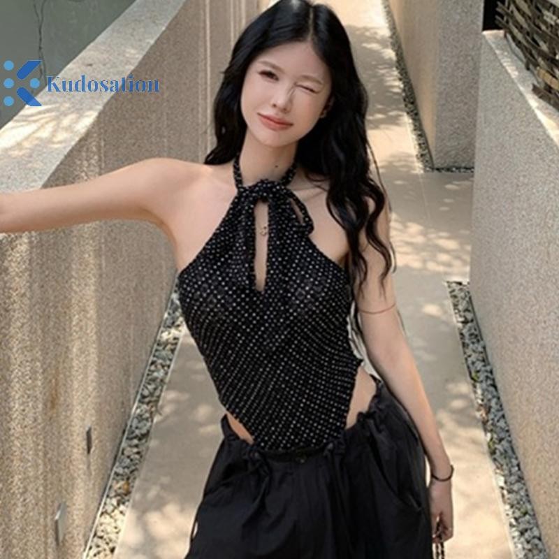 Kudosation Mùa Hè Dây Áo Retro Chấm Bi In Không Đều Lưng Dây Camisole Đẹp
