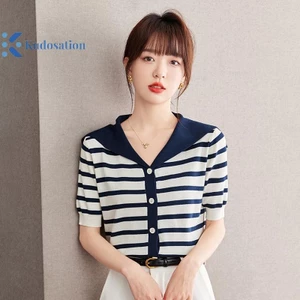 Kudosation Nữ Áo Cổ Hải Quân Màu Sọc Tay Ngắn Cổ Chữ V Áo Thun Đẹp
