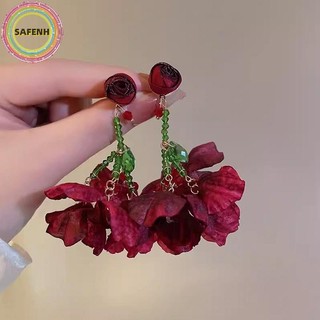 Safenh Lãng Mạn Retro Phóng Đại Hoa Hồng Đỏ Thả Bông Tai Nữ Bầu Không Khí Mô Phỏng Hoa Kỳ Nghỉ Tính Khí Bông Tai VN
