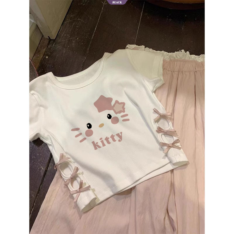 Áo thun ngắn tay vai tích cực Hello Kitty màu trắng Nữ mùa hè mới Mẫu ngắn mỏng mỏng nơ rỗng [BL]