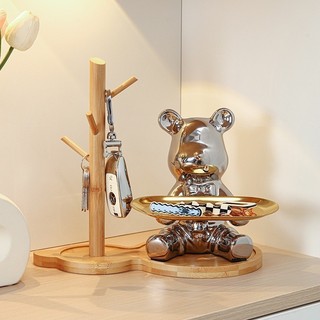 Tượng Gấu sứ bê khay ống heo đa năng Bunnies bằng sứ vàng bạc decor nhà quà tặng sang trọng cao 19cm