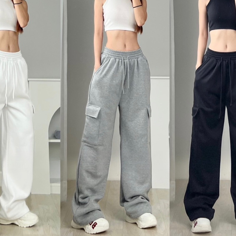 Quần yếm ống rộng túi hộp màu hồng nữ thu đông 2023, eo cao, dáng suông, cotton, thể thao