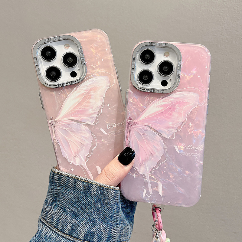 Dành cho iPhone X XS XR XS Max 11 Pro Max 14 Pro Max 14 plus Họa tiết bướm thời trang có dây chuyền Vỏ điện thoại cho iPhone 15 12 13 14 Pro Max 15Plus Ốp lưng chống sốc IMD mềm