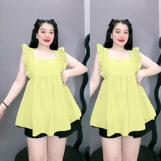 Set bộNHỎ CLOTHING bigsize nữ áo sơ mi cánh tiên kèm quần short eo chun co giãn chất lụa chéo mềm mát xinh xắn SET903