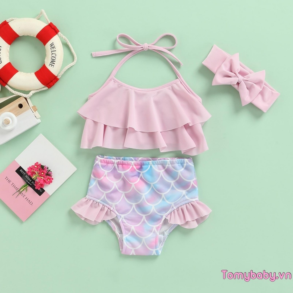 Bộ đồ bơi cho bé gái tập đi Dây xù xì Áo + Quần short nàng tiên cá + Băng đô Đồ bơi Bộ Bikini 3 chiếc