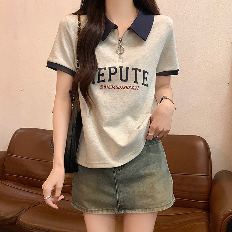 SUXI Retro In Hình Cổ Áo Polo Thường Ngày Đa Năng Phong Cách Hàn Quốc Áo Thun Nữ Tay Ngắn 240320