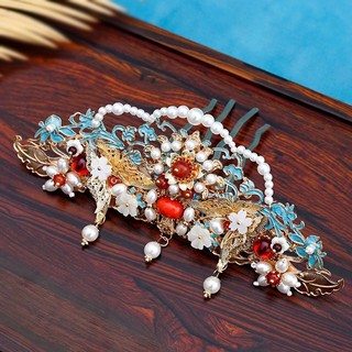 Phong cách cổ xưa Phụ kiện tóc thủ công Ming Made Tang Style Burnt Blue Hair Crown Hanfu Mũ đội đầu cô dâu Phong cảnh tuyệt đẹp Màu xanh tinh tế Lược tóc phong cách cổ xưa Phụ kiện tóc thủ công Ming Made Tang Style Burnt Blue Fever Crown Hanfu Bridal Head