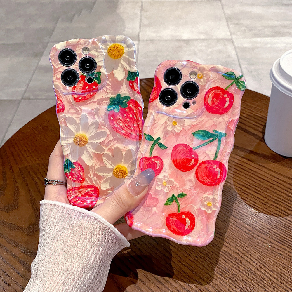 Dành Cho iPhone 15 Pro Max 14pro Max 15 Plus Tranh Sơn Dầu Anh Đào Dâu Tây Ốp Lưng Điện Thoại iPhone 12 13 14 Pro Max 12promax 15promax 13promax Mềm IMD Chống Sốc Ốp Lưng Vồng Khung