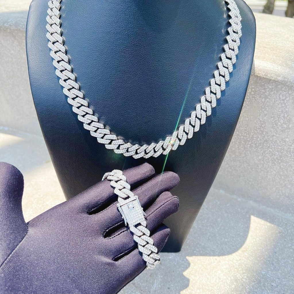 [Tặng 2 nhẫn] Set dây chuyền và lắc tay đính đá cuban bling bling ver 2 bản 14mm