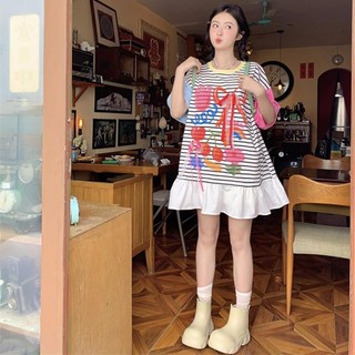 L-4XL Đầm Size Lớn Nữ Size Lớn 150kg Thiết Kế Nơ Ngọt Ngào Màu Sắc Tương Phản Mùa Hè Mỡ MM Đầm Một Mảnh Rời Đen Trắng Sọc Váy Ngắn Tay Cổ Tròn Tay Ngắn Váy Ngắn