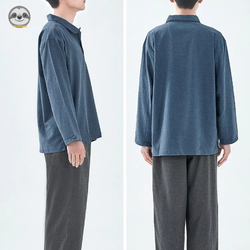 Phong cách Nhật Bản Muji Style / Quần áo phòng chờ Flannel có cổ hở cho nam / Bộ đồ ngủ dài tay bằng Cotton nguyên chất / Đồ ngủ thoải mái mềm mại