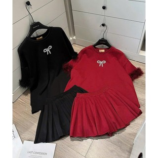10-32kg Set áo đỏ đen tay phôi lông mix chân váy xếp ly TM cho bé gái