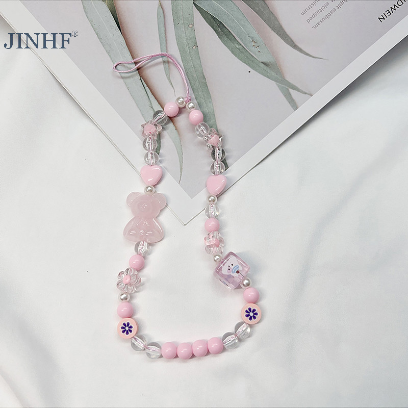 Jinhf Gấu Nơ Điện Thoại Di Động Móc Khóa Đính Hạt Chống Rơi Vòng Tay Acrylic Pha Lê Dễ Thương HOT