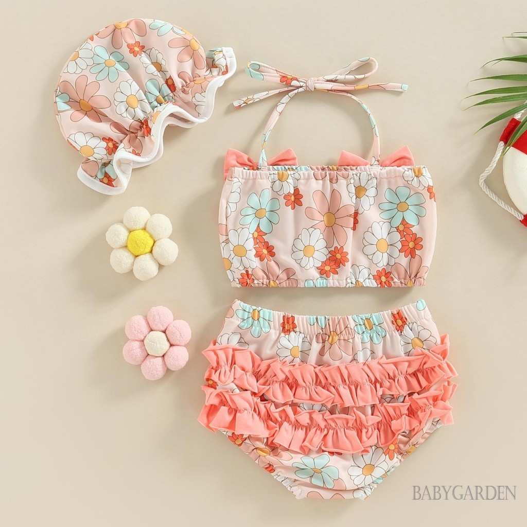 Baga-0-24 Tháng Tuổi Bé Gái 3 Bộ Bikini In Hoa Dây Áo + Quần Short + Mũ Bơi Đồ Bơi