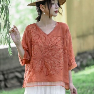 Mùa Hè 2023 Mới Cổ Chữ V Hai Lớp Máy Thêu Cotton Và Vải Lanh Áo Sơ Mi Nữ Khâu Organza Áo Sơ Mi Nhỏ Top Rời