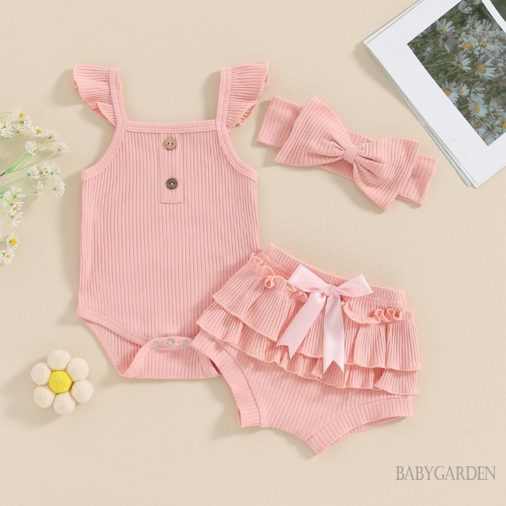 Baga-bộ quần áo 3 món bé gái Áo liền quần có gân màu trơn + Quần short xù co giãn + Băng đô mùa hè