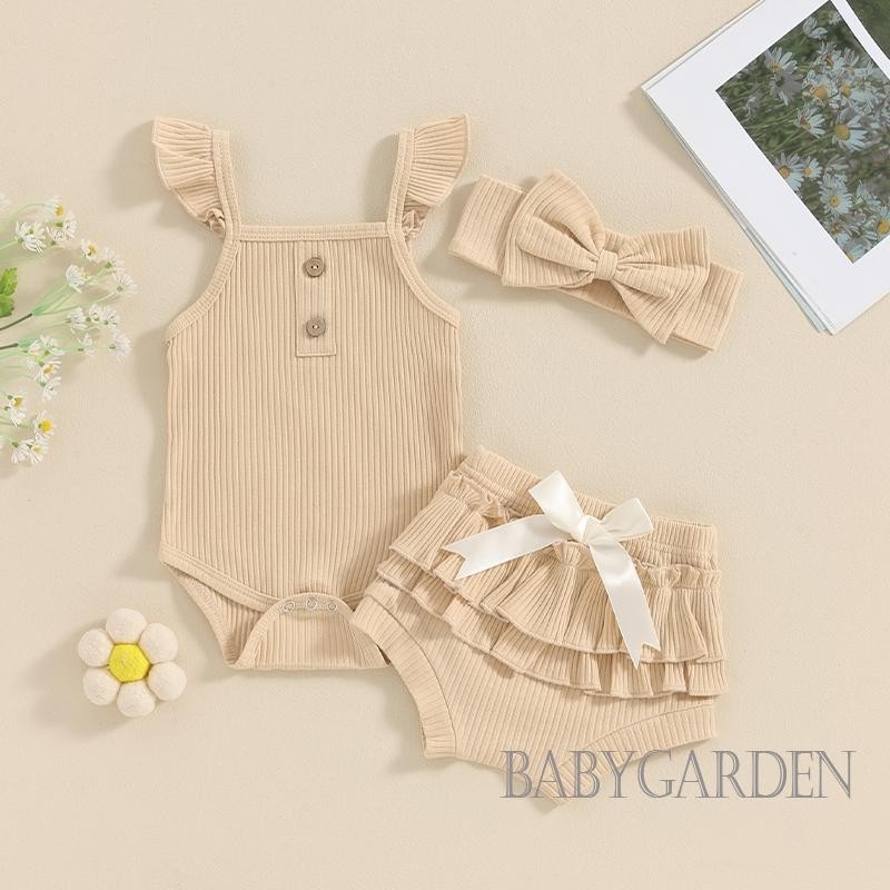 Baga-bộ quần áo 3 món bé gái Áo liền quần có gân màu trơn + Quần short xù co giãn + Băng đô mùa hè