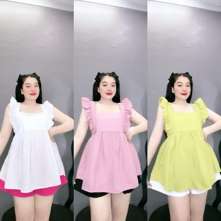 Set bộNHỎ CLOTHING bigsize nữ áo sơ mi cánh tiên kèm quần short eo chun co giãn chất lụa chéo mềm mát xinh xắn SET903