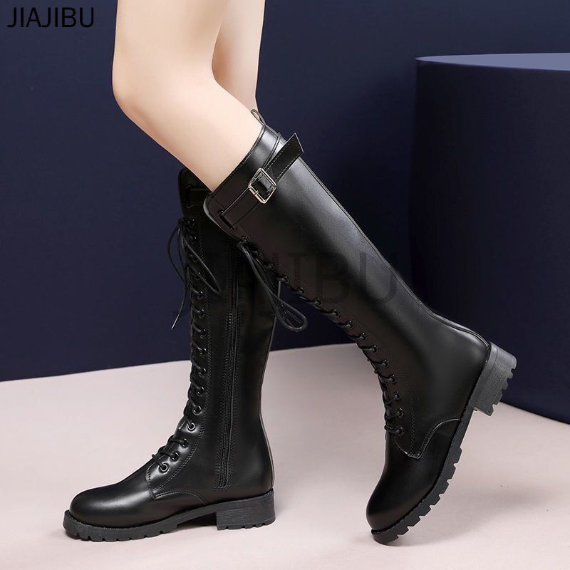 Size 35-43 Giày Bốt Cao Bồi Đế Dày Thời Trang Hàn Quốc Giày Nữ Cỡ Lớn Non-slip Thick Heel Long Boots 42 British Black Lace Up Knight Boots Retro Zipper Martin Boots Ủng Cao 41 Giày Bốt Đi Xe Máy Thời Trang Hàn Quốc Cosplay Leather Boots Ủng Khiêu Vũ