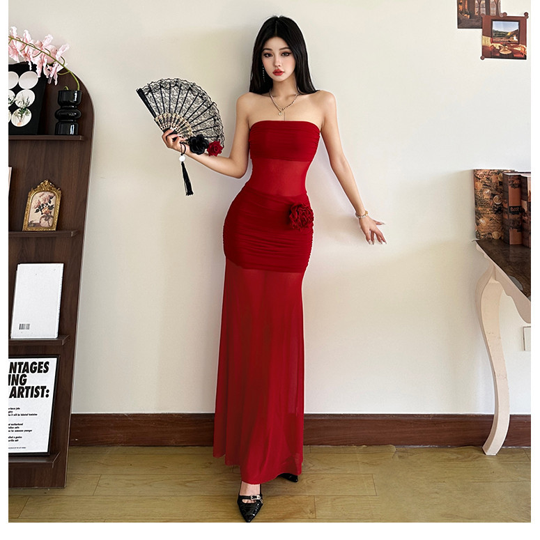 Klalien Đầm Maxi Không Tay quây Hình Eo Quấn hông Màu Trơn Lưới Nhìn Xuyên Qua Thanh Lịch Thường Ngày Gợi Cảm Thời Trang Mới Nữ