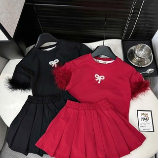 10-32kg Set áo đỏ đen tay phôi lông mix chân váy xếp ly TM cho bé gái