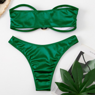 Đồ Bơi Nữ Satin Kim Loại U Trang Trí Bandeau Màu Trơn Hai Mảnh Bikini Đồ Bơi