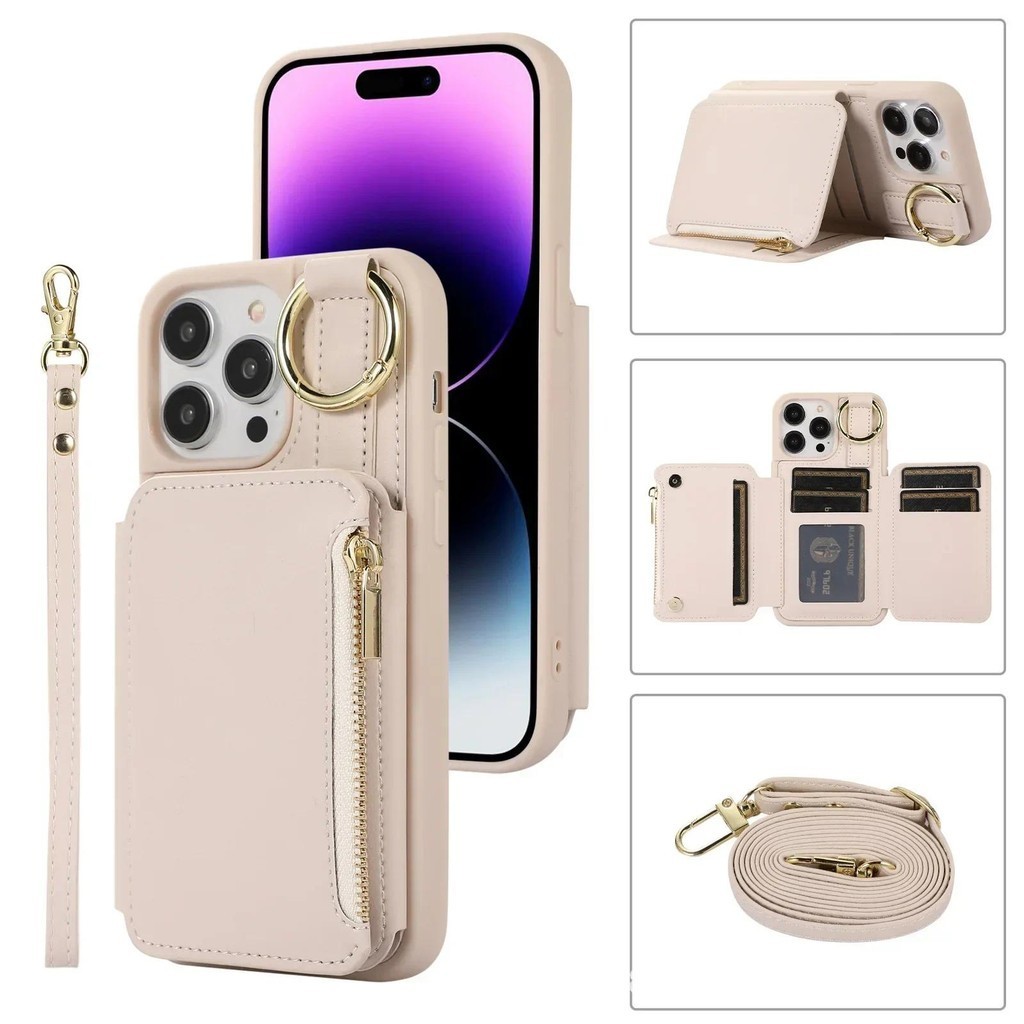 Dây Đeo Cổ Tay Đeo Ngang Ốp Lưng Điện Thoại IPhone 16 15 14 13 12 11 Pro Max Plus Ví Có Đựng Thẻ Da PU Bảo Vệ Chống Sốc