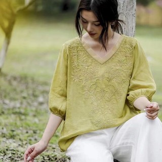 Mùa Hè Mới Thêu Ramie Đa Năng Thời Trang Cotton Và Vải Lanh Áo Sơ Mi Top Retro Áo Sơ Mi Nữ Tay Ngắn Nữ