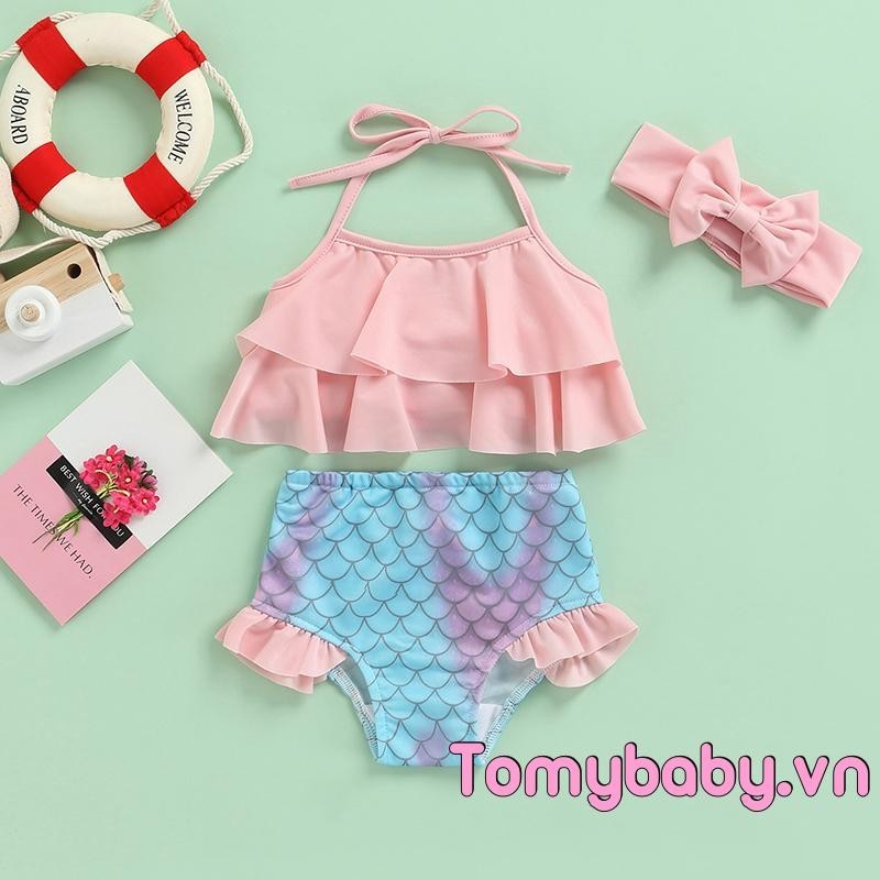 Bộ đồ bơi cho bé gái tập đi Dây xù xì Áo + Quần short nàng tiên cá + Băng đô Đồ bơi Bộ Bikini 3 chiếc