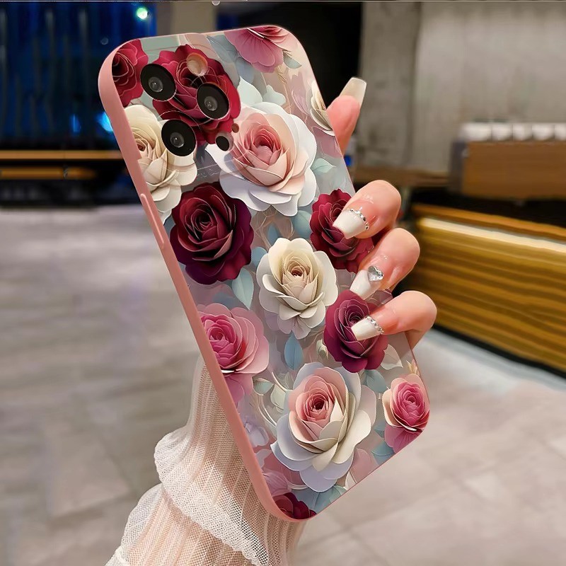 Ốp Điện Thoại Chống Sốc Họa Tiết Hoa Hồng Cho iPhone 13 11 12 14 15 16 Pro Max 16e XR X XS 7 8 Plus SE2 Matte Soft Cover
