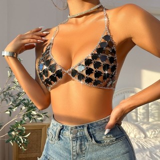 Hum Tua Rua Không Tay Lấp Lánh Kim Sa Lấp Lánh Cami Crop Tops Spaghetti Dây Đeo Đảng Áo