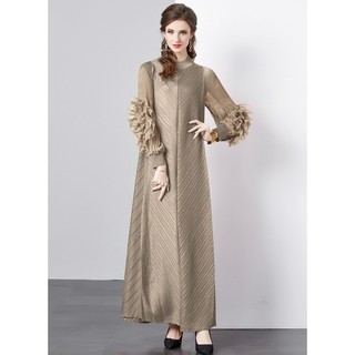 Miyake Xếp Ly 2024 Châu Âu Mỹ Thời Trang Phong Cách Mới Quần Áo Nữ Xếp Ly Dài Nguyên Bản Sang Trọng Dài Tay Xù Cao Cấp Đầm Co Giãn