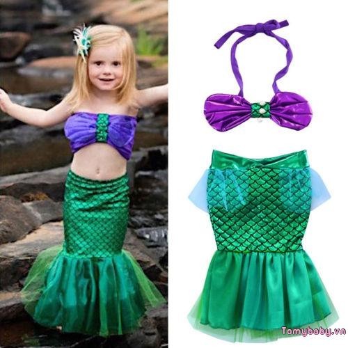 Bé Gái Hai Mảnh Đồ Bơi Treo Cổ Vỏ Ngọc Trai Dây Bikini Áo + Vải tuyn Chắp Vá Nàng Tiên Cá Đuôi Đồ Bơi